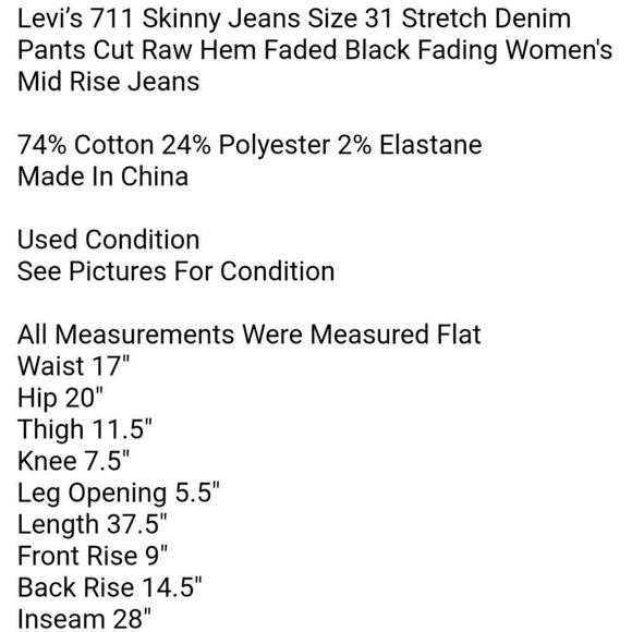 Levi’s 711 Skinny Jeans Size 31 Stretch Denim Pants Cut Raw Hem Faded Black - Picture 7 of 7